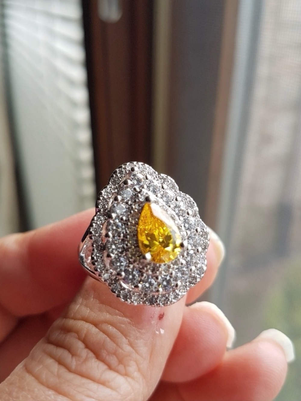 Swarovski Elements 925 Sterling Silver Large Yellow Citrine Teardrop Ring NEW